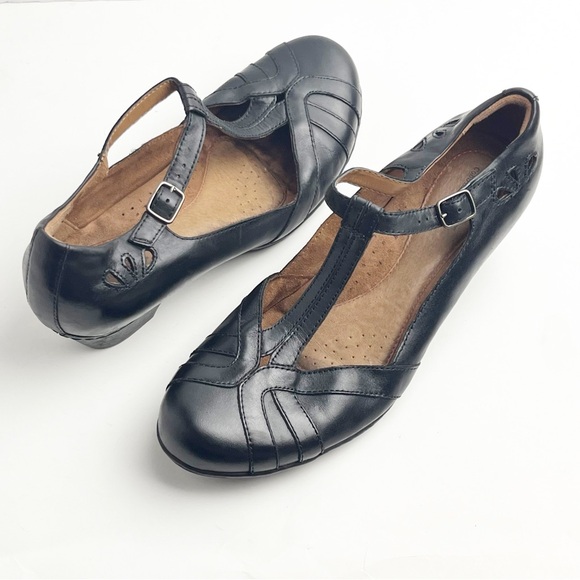 ROCKPORT Cobb Hill Angelina Black Leather T -Strap Chunky Heels, Size 10W - Picture 1 of 11